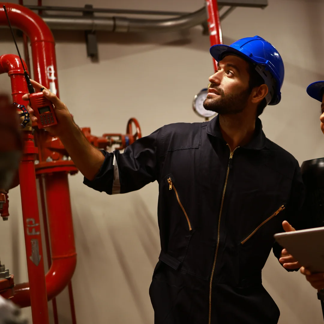 a fire engineer of Fire Bazaar inspecting and fixing a fire fighting pipeline in a building