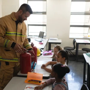 a Fire officer displaying a fire extinguisher to school childrens in class room