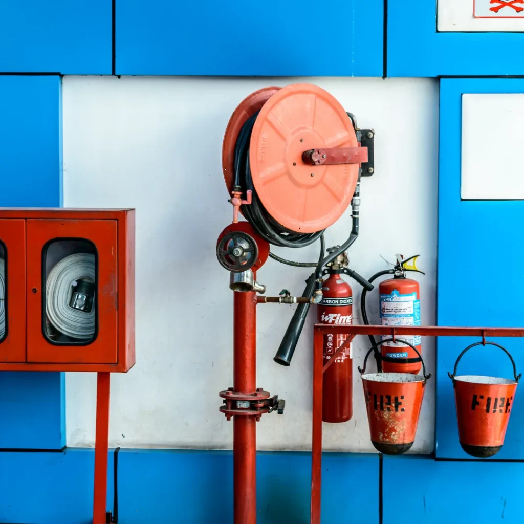 a picture of Fire Hydrant set with Hose Reel Hose, Fire buckets, Fire Exingusiher installed on wall