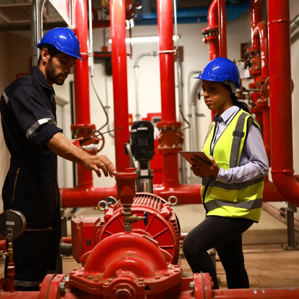 senior fire engineer giving instructions to his junior for checking the elelctrical operated fire pump installed in fire pump room