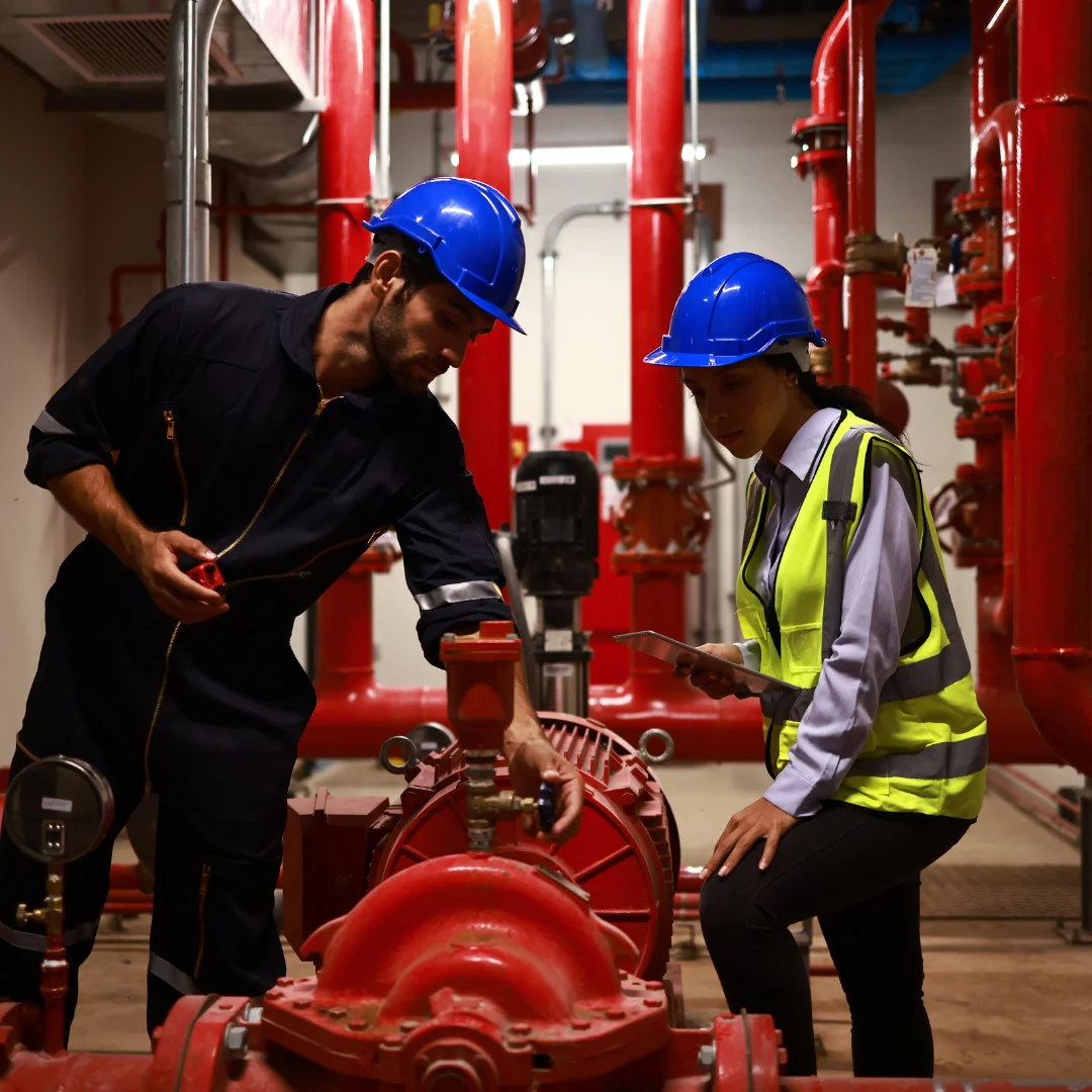 Two fire engineers checking the elelctrical operated fire pump installed in fire pump room