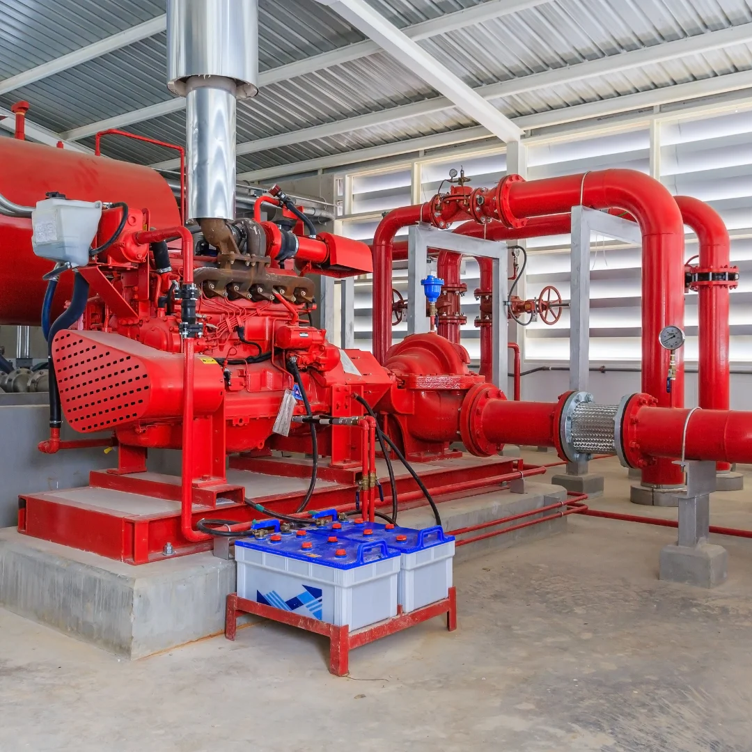 a setup of diesel driven main fire pump room installed in a fire room of a building wih 2 swt of starter batteries alonwith network of red painted fire pipeline