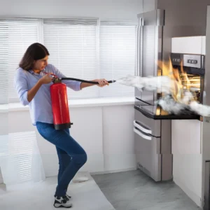 A young beautiful lady trying to extnguish a kitchen fire wearing blue jeans and a blue Shirt, holding a Red Fire extinguisher with both hands