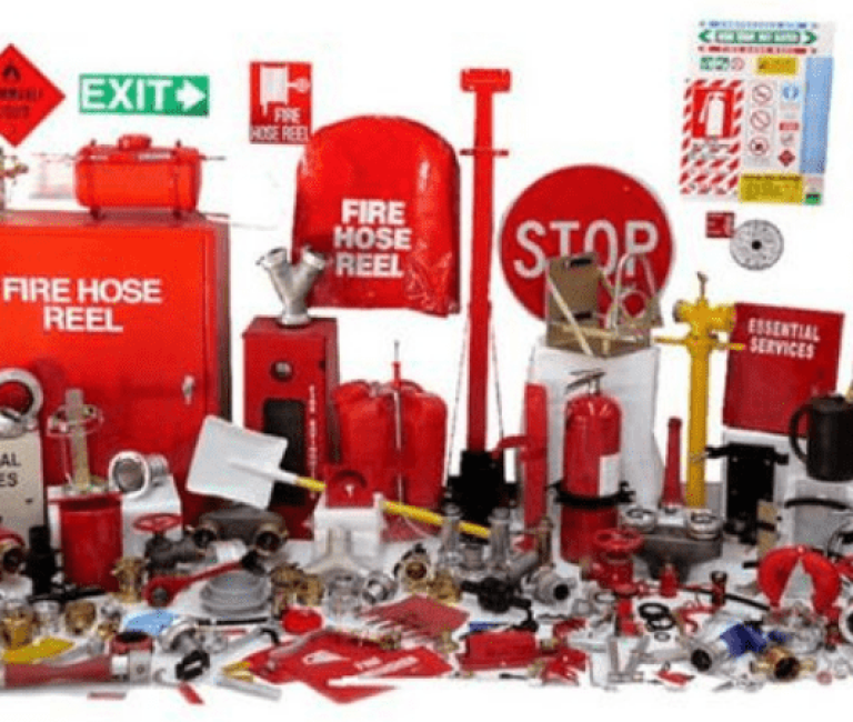 A picture various Fire fighting equipment by Fire Bazaar with white background